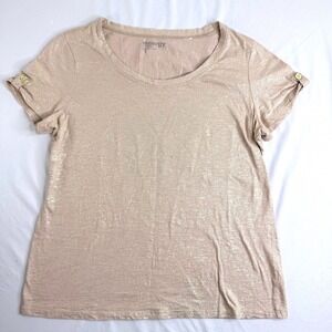 Zenergy by Chicos Women Tan Gold Metallic Shimmer Cotton T-Shirt Size 1 M 8